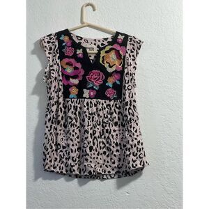 Savanna Jane S Grace Embroidered Top W/Flutter Slv Leopard Black Cream shirt